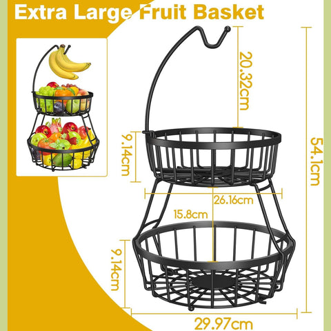 2-Tier Fruit Basket with Banana Hanger – Black