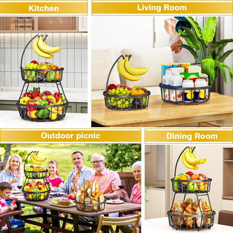 2-Tier Fruit Basket with Banana Hanger – Black