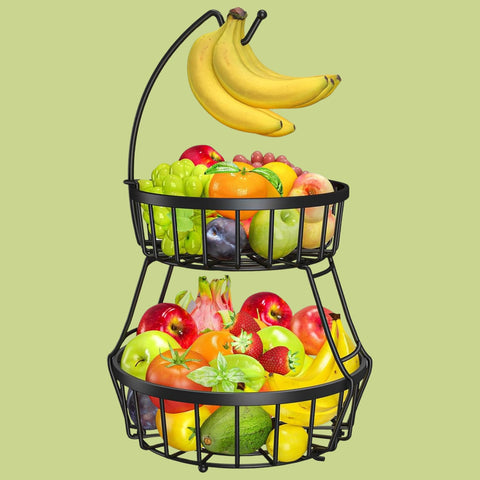 2-Tier Fruit Basket with Banana Hanger – Black