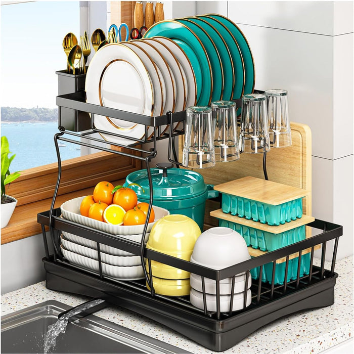 2 Tier Dish Drainer Rack with Drainboard